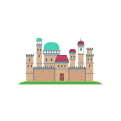 Medieval fortress or castle vector illustration. Cartoon drawing of stone building with towers and gate isolated on white background. Architecture, construction, history concept