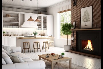 Open plan living room with white kitchen. Cozy patio with a fireplace