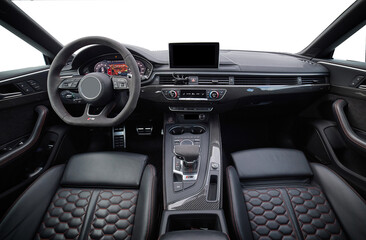 Inside moden car background, luxury car interior elements wallpaper. Black leather car interior...