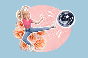 Banner poster creative collage of youth lady doing fight freestyle dance move against glowing disco...