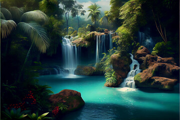 Exotic landscape with a tropical lagoon and a waterfall, generative AI - obrazy, fototapety, plakaty