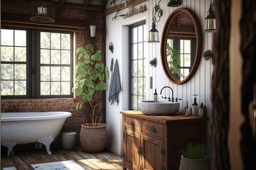 Three dimensional render of interior of rustic bathroom