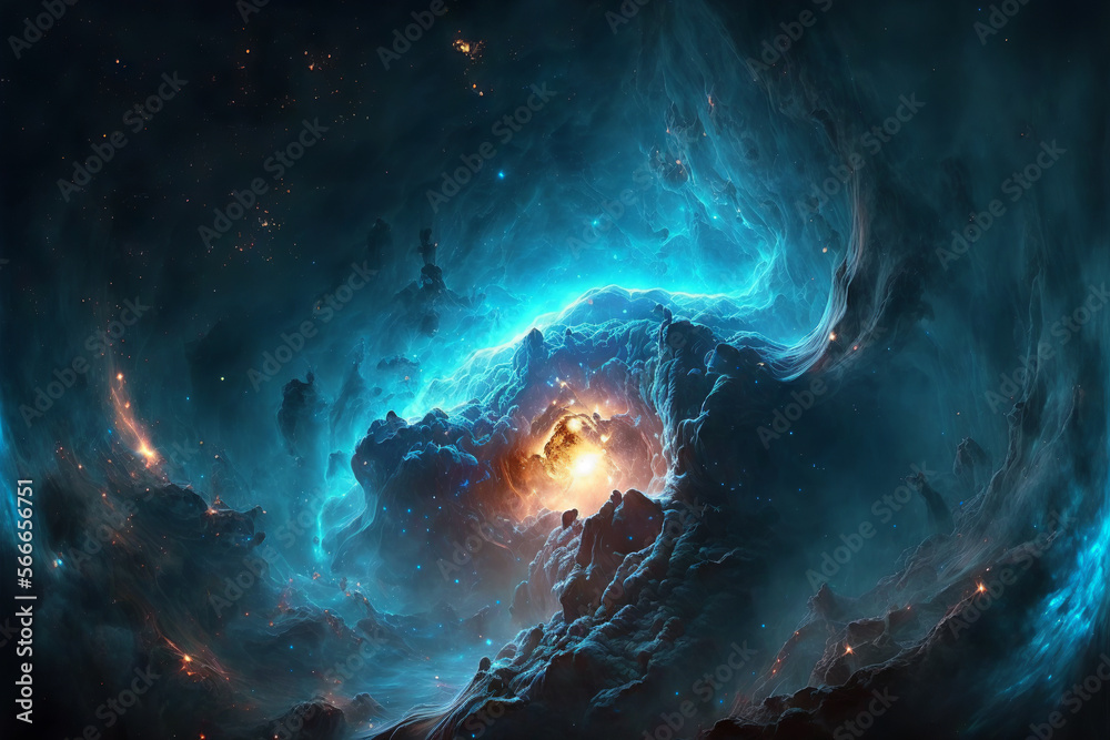 Poster Large view of a colorful dark blue nebula in space. Cosmic background with bright shining stars, galaxies and deep universe. Generative ai
