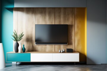 Two tone color wall background,Modern living room decor with a tv cabinet