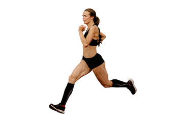 Fototapeta na wymiar female athlete in compression socks running isolated