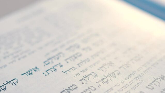 Close-up video recording of Hebrew words in the open Torah book. Prayer in Hebrew.