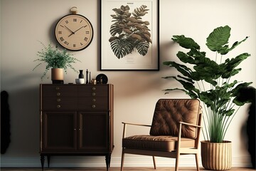 Vintage interior design of living room with stylish retro furnitures, a lot of plants, commode, black clock and brown poster mock up frame on the beige wall. Stylish home decor. Template