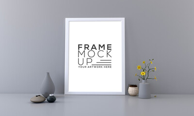 Photo frames isolated on the wall creative mood board frames mockup, 	
Photo frames mockup on the white shelf with books, artwork presentation, boho style decorations, wooden shelf. 3d rendering