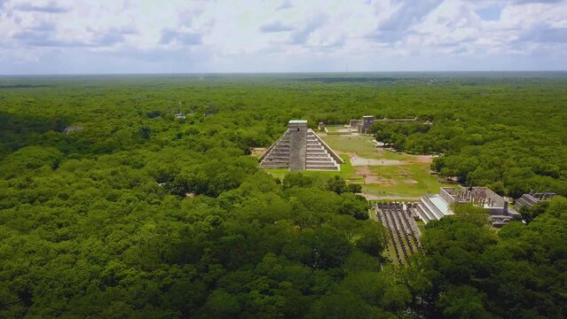 Aerial view of the pyramid of chichen itza in the riviera maya in mexico