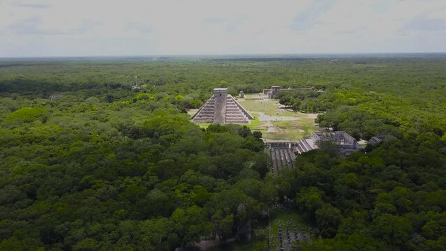 Aerial view of the pyramid of chichen itza in the riviera maya in mexico