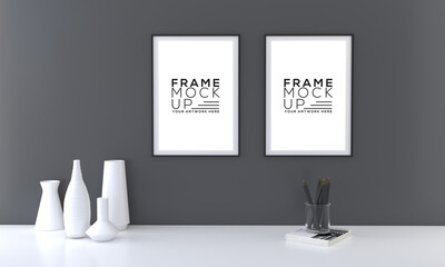 Photo frames isolated on the wall creative mood board frames mockup, 	
Photo frames mockup on the white shelf with books, artwork presentation, boho style decorations, wooden shelf. 3d rendering