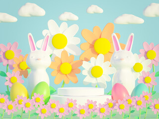 Colorful 3D rendering podium display with easter eggs,cute flower and rabbit.Empty showcase for  product presentation.