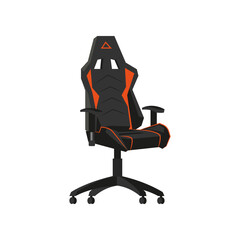 Gaming chair with red elements vector illustration. Drawing of computer chair, comfortable equipment for gaming isolated on white background. Furniture, gaming, comfort concept © SurfupVector