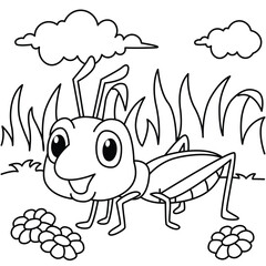 Funny grasshopper cartoon characters vector illustration. For kids coloring book.