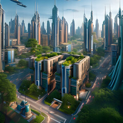 scifi futuristic city  tech realistic 3d style minimal people fun