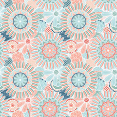 Hand drawn Mandalas and circle decorative elements, Colourful Seamless pattern For fabrics, clothing, decoration, home decor, cards and templates, wrapping paper, kids prints.