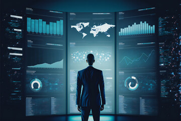 Businessman standing and looking screen digital transformation technology concept,future communication connection smart global management cloud intelligence interface strategy computing, generative ai