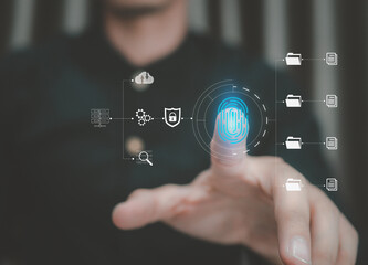 Internet security and data protection concept. Data Security system.Businessman protecting data personal information. Cyber security network and fingerprint indentification to access data.