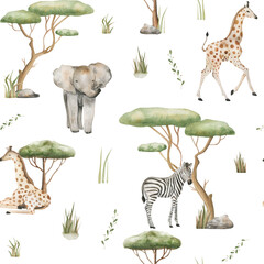 Watercolor pattern of safari animals  - obrazy, fototapety, plakaty
