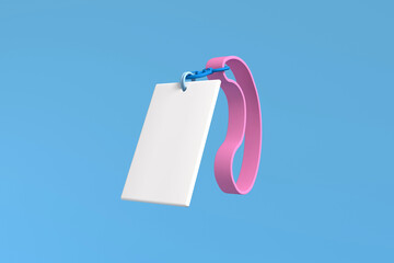 Badge icon with pink ribbon in cartoon style for web design. The concept of identification and access key on a blue background. Illustration of 3D rendering.