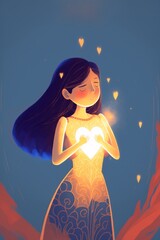 minimalistic illustration of a girl and light comes from inside of her. Generative Ai.