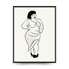 Feminism body positive poster template, wall art with minimalistic female figure, love to own figure, female freedom, girl power isolated vector illustration. Abstract body Art design for print, cover