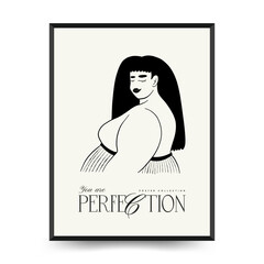 Feminism body positive poster template, wall art with minimalistic female figure, love to own figure, female freedom, girl power isolated vector illustration. Abstract body Art design for print, cover