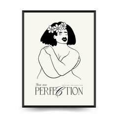 Feminism body positive poster template, wall art with minimalistic female figure, love to own figure, female freedom, girl power isolated vector illustration. Abstract body Art design for print, cover