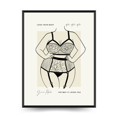 Feminism body positive poster template, wall art with minimalistic female figure, love to own figure, female freedom, girl power isolated vector illustration. Abstract body Art design for print, cover