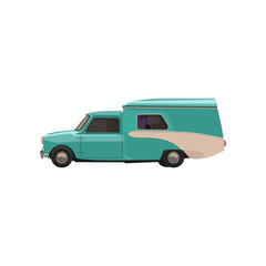 Green or blue camping transport vector illustration. Cartoon drawing of camper van, travel car, trailer and RV as mobile home isolated on white background. Camping, traveling, tourism concept