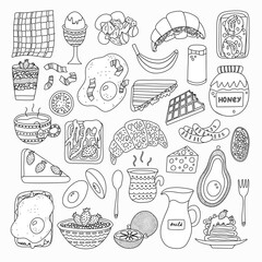 Big set of food and beverage for breakfast. Different variations for meal: vegetarian, healthy, fried, meat. Popular products. Egg, oatmeal, milk, avocado, toast, coffee, croissant, chia, pancakes.