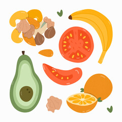 Set of healthy, vegetarian food for breakfast. Different variations for meal. Popular products. Avocado, slice of tomato, banana, orange, different nuts, almond, cashew, walnut, hazelnut, pistachio.