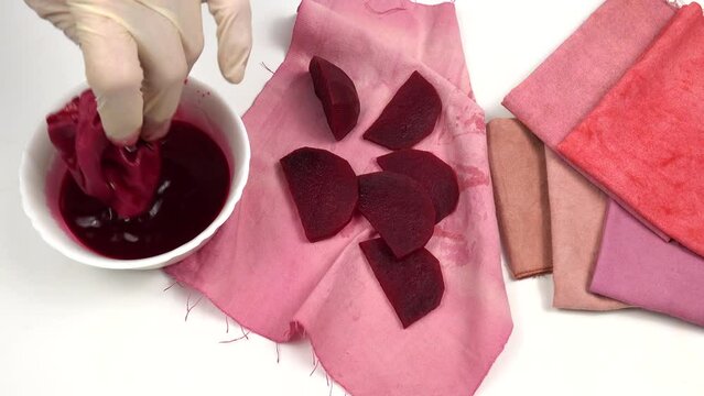 Dyeing a sample of cotton fabric in beets broth, DIY. Bowl of beets broth and slices of beets are on cotton fabrics in red tones. 