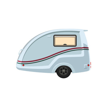Blue camping transport vector illustration. Cartoon drawing of camper van, travel car, trailer and RV as mobile home isolated on white background. Camping, traveling, tourism concept