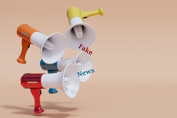 announcement of fake news. loudspeakers and inscriptions fake news on a pastel background. 3D render