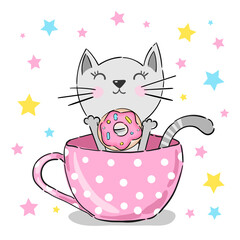 Cute kitten in a cup. Cartoon illustration of a little kitten sitting in the mug isolated on a white background.
