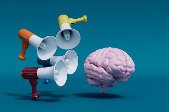 the concept of propaganda. brain around which loudspeakers on a turquoise background. 3D render
