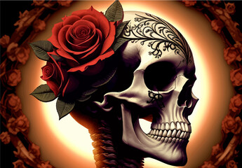 Skull and roses vector illustration. Dark fantasy.