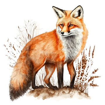 red fox sitting in wilderness photo realistic classic illustration on isolated background