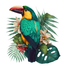 a tropical colroful vibrant bird sitting in the trees, illustration on isolated background