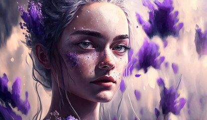 Abstract art. Colorful painting art portrait of young fashionable woman in lavender field. Background illustration. Generative AI.