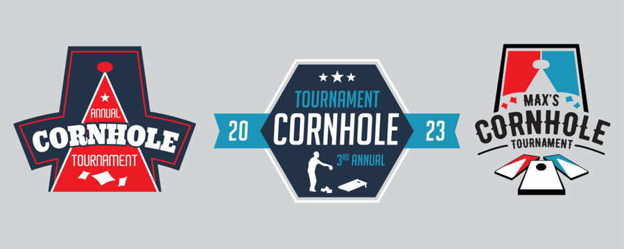 Vector Cornhole Logotypes Set with Fully Editable Text in Red, Blue and White Colors