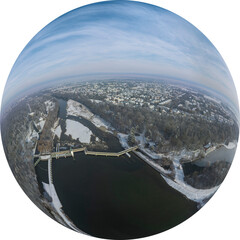 Winter am Hochablass in Augsburg, Little Planet-Ansicht, freigestellt