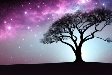Obraz na płótnie Canvas A tree silhouette with stars and a nebula. Generative AI