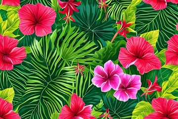 Fototapeten A tropical Hawaiian pattern with hibiscus flowers and lush vegetation. Generative AI © Pixel Matrix