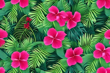 A tropical Hawaiian pattern with hibiscus flowers and lush vegetation. Generative AI