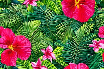 A tropical Hawaiian pattern with hibiscus flowers and lush vegetation. Generative AI