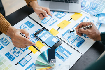 ux Graphic designer team planning application process development prototype wireframe for web...