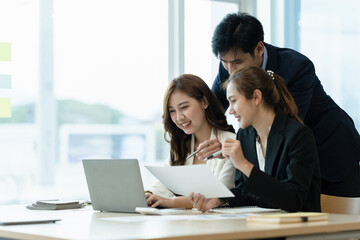 Group of IT consultant working by digital tablet and management big data and analyze financial document of company.