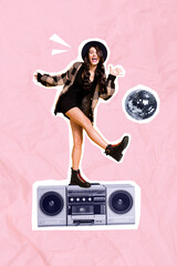 Creative photo 3d collage poster sketch of crazy carefree girl good mood weekend holiday isolated on painted background